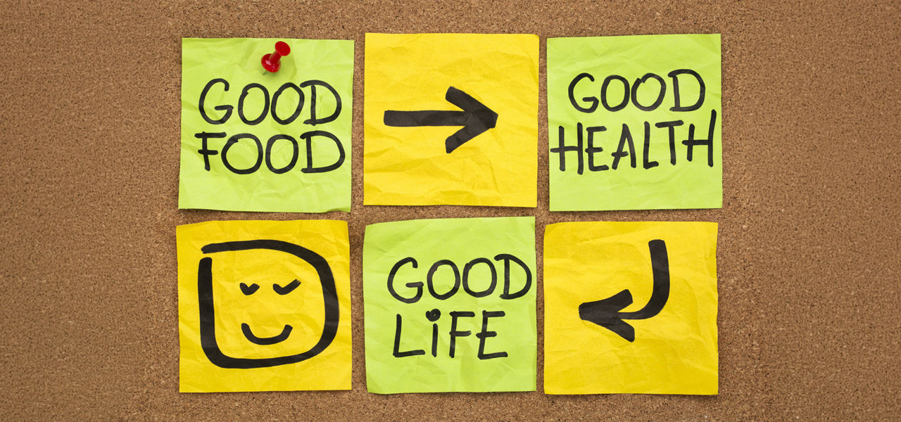 healthy lifestyle concept - good food, health and life -  reminder words handwritten of sticky notes